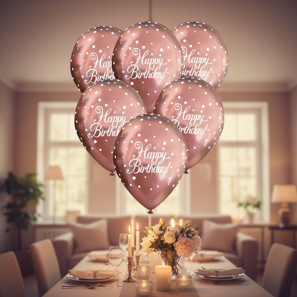 Rose gold chrome Happy Birthday balloons floating in a beautifully decorated birthday celebration room with warm golden hour lighting