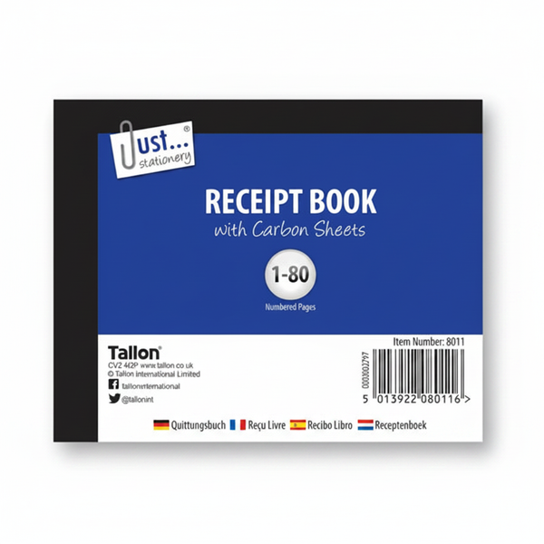Just Stationery Receipt Book 80 Sheets on pure white studio background, navy blue cover with white text