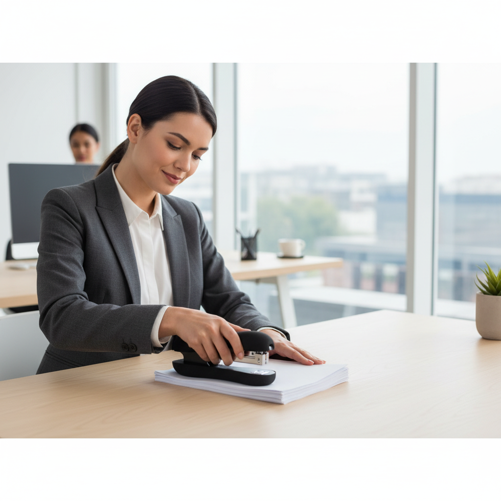 Businesswoman using an easy grip heavy duty stapler to staple documents at her office desk