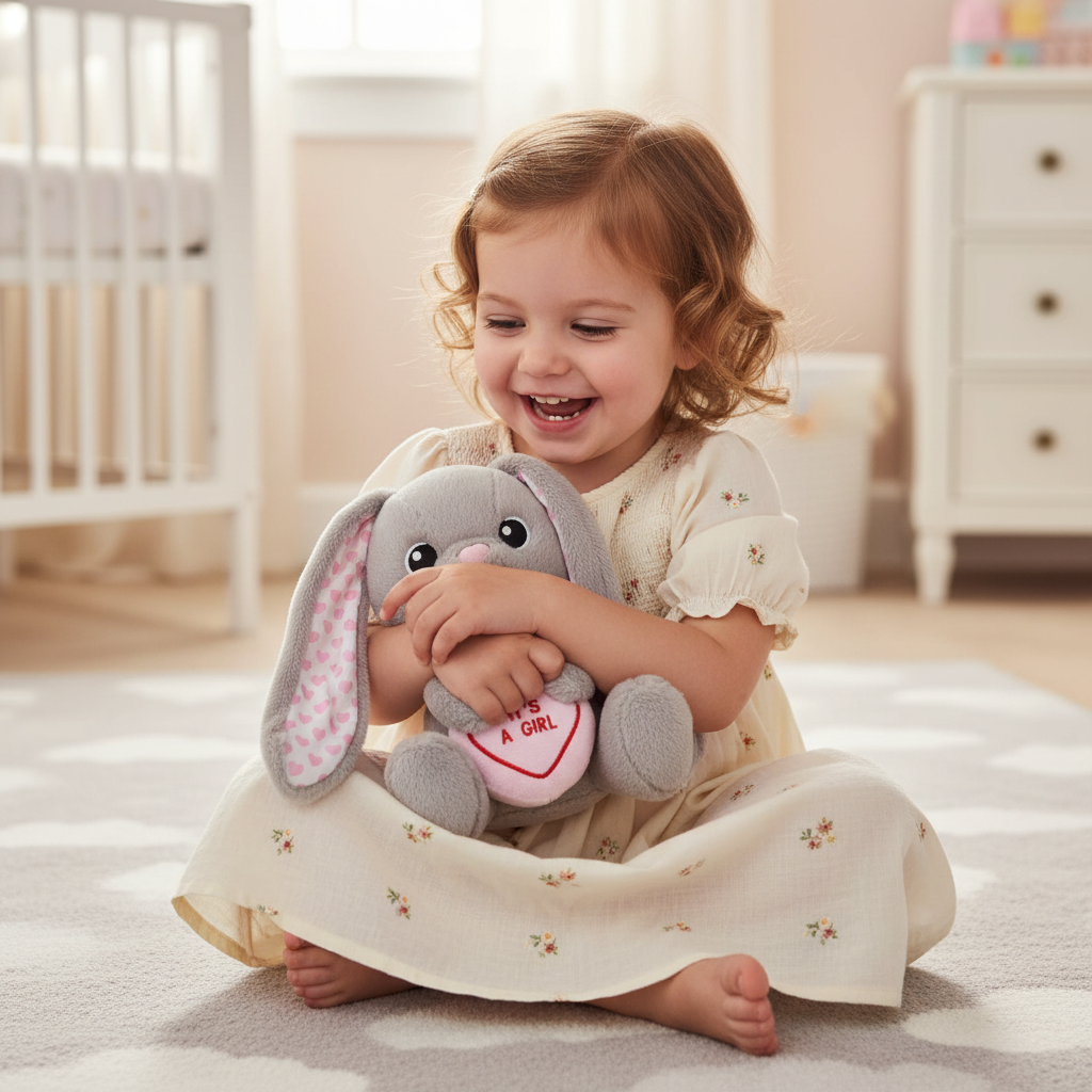 Toddler girl cuddling Swizzels Love Heart Bunny It's A Girl grey plush toy