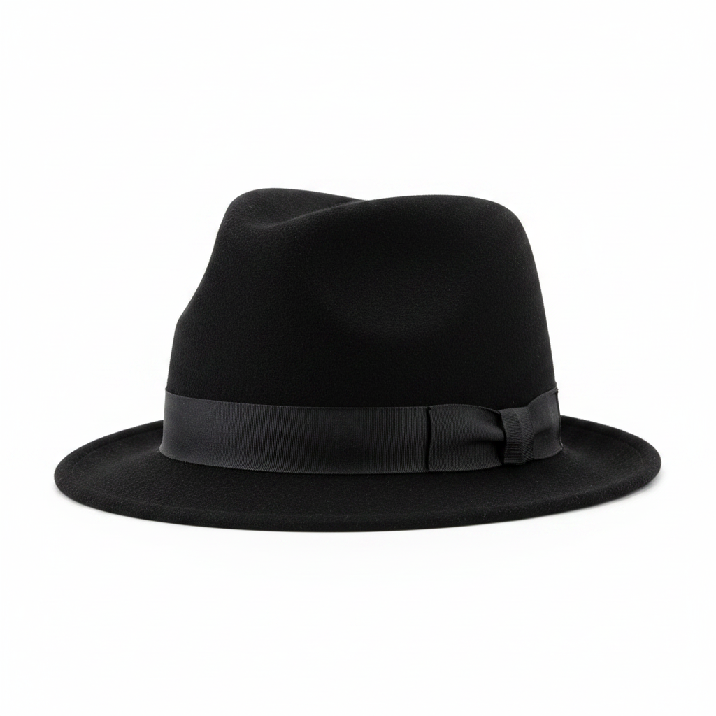 Adults black trilby hat on pure white background, studio lighting, Amazon hero shot