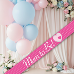 9ft holographic Mum To Be banner displayed at elegant baby shower with pastel decorations