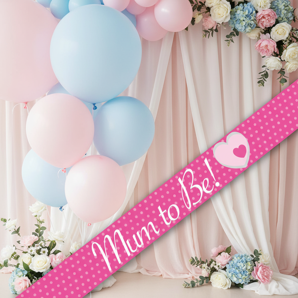 9ft holographic Mum To Be banner displayed at elegant baby shower with pastel decorations
