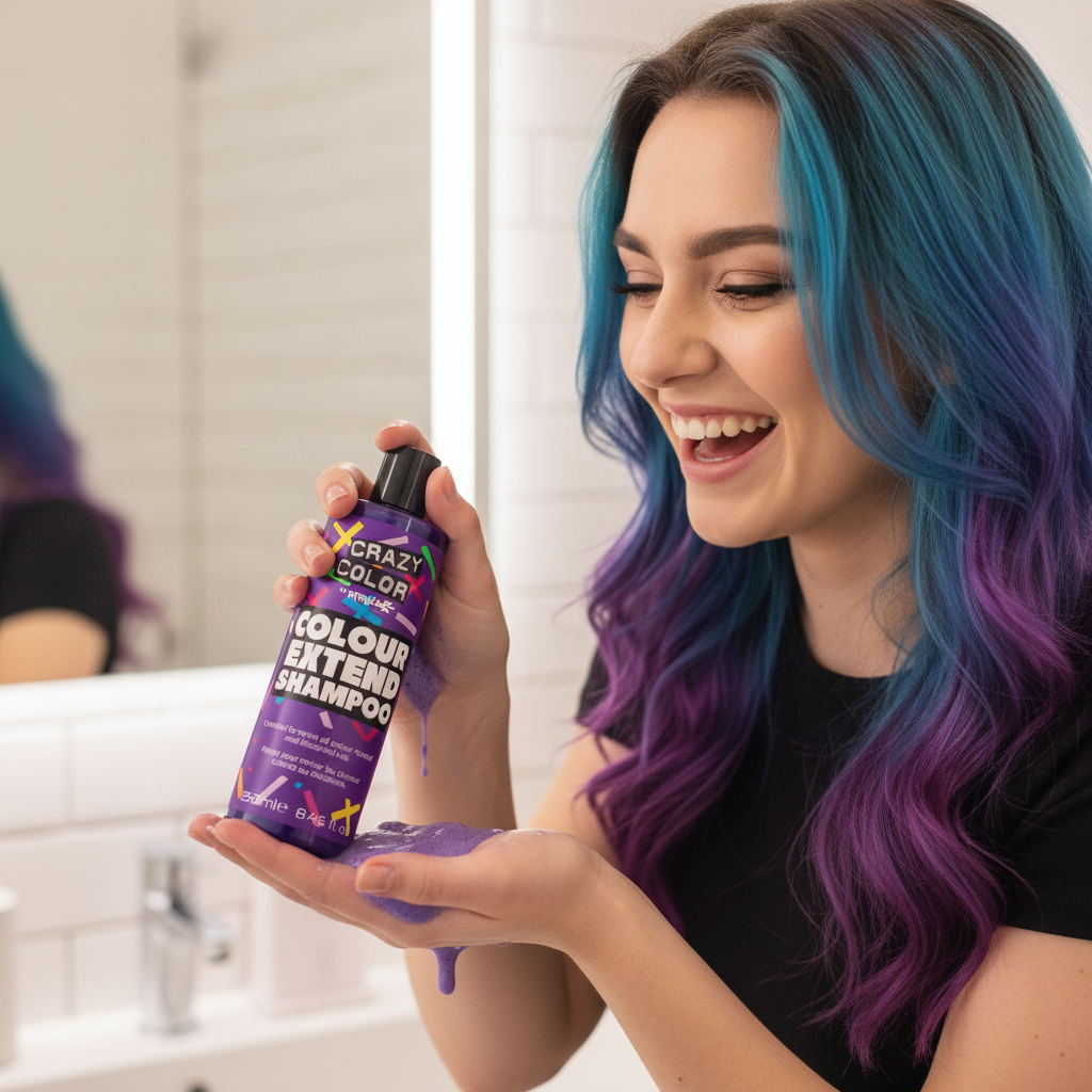 Young woman with vivid coloured hair using Crazy Color Colour Extend Shampoo in bathroom, candid lifestyle shot