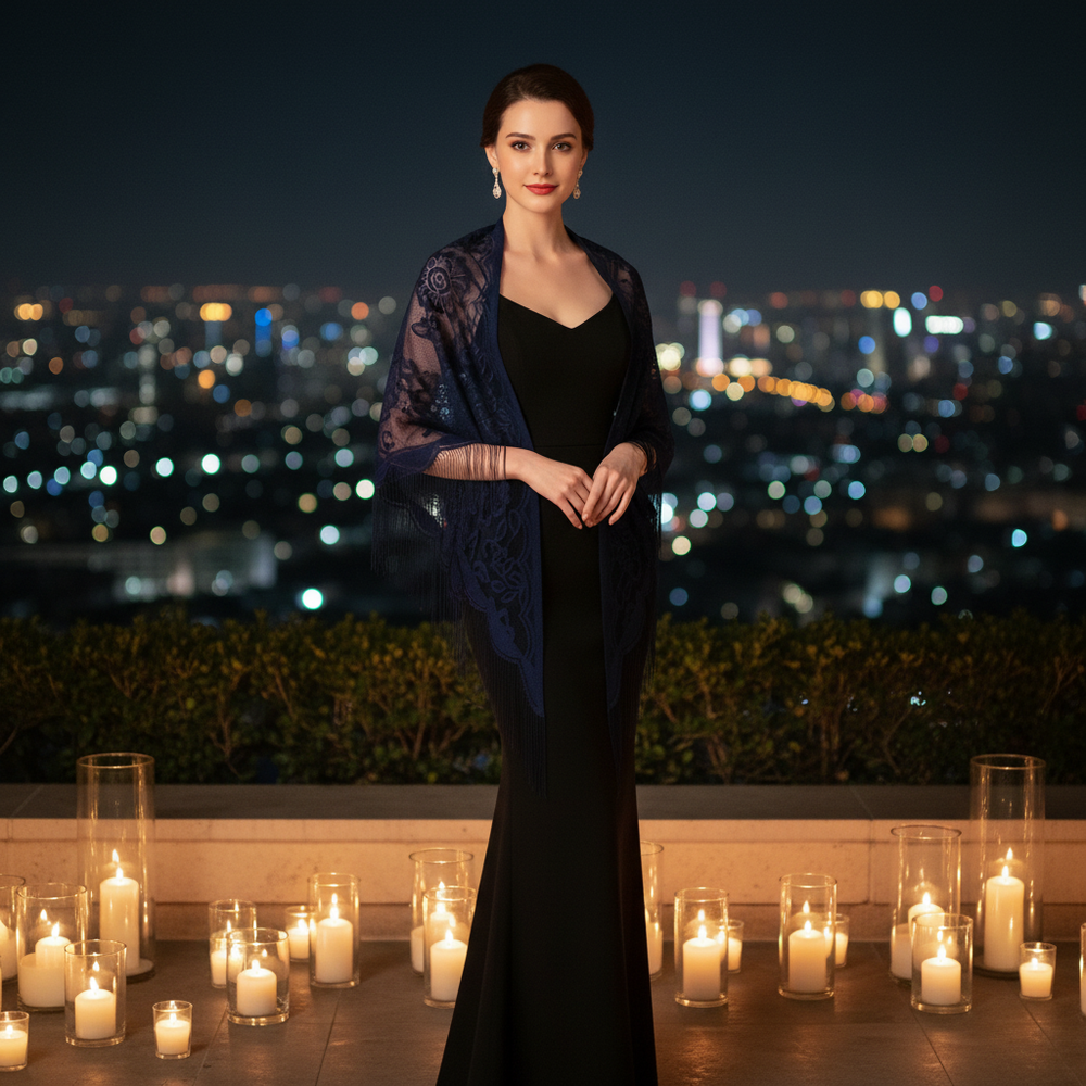 Elegant woman wearing a navy blue lace fringe triangle shawl over an evening dress on a candlelit luxury hotel terrace at night