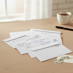 Stack of sealed white C6 envelopes with handwritten addresses ready to post, warm natural light