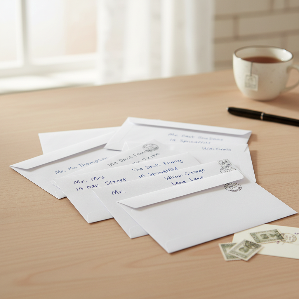 Stack of sealed white C6 envelopes with handwritten addresses ready to post, warm natural light