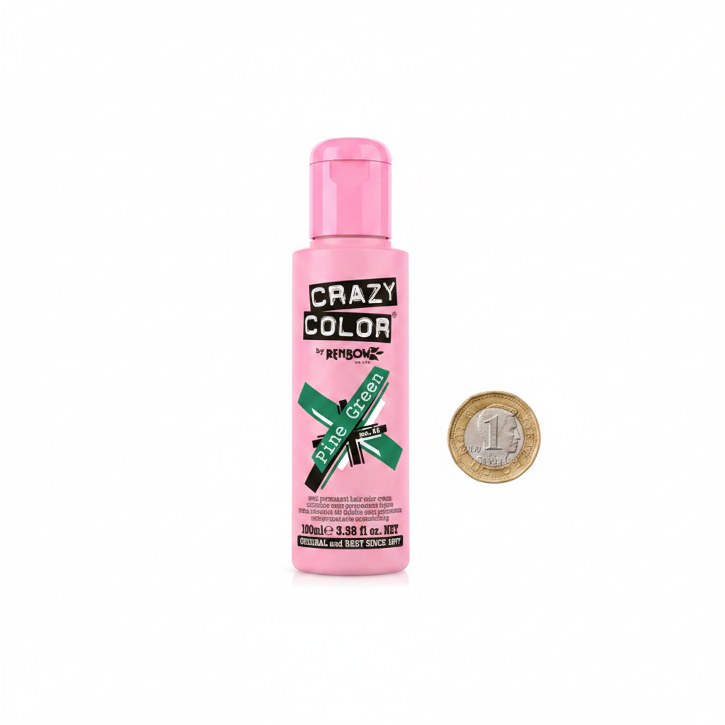 Crazy Color Pine Green Hair Dye 100ml flat lay beside £1 coin showing product size on white background