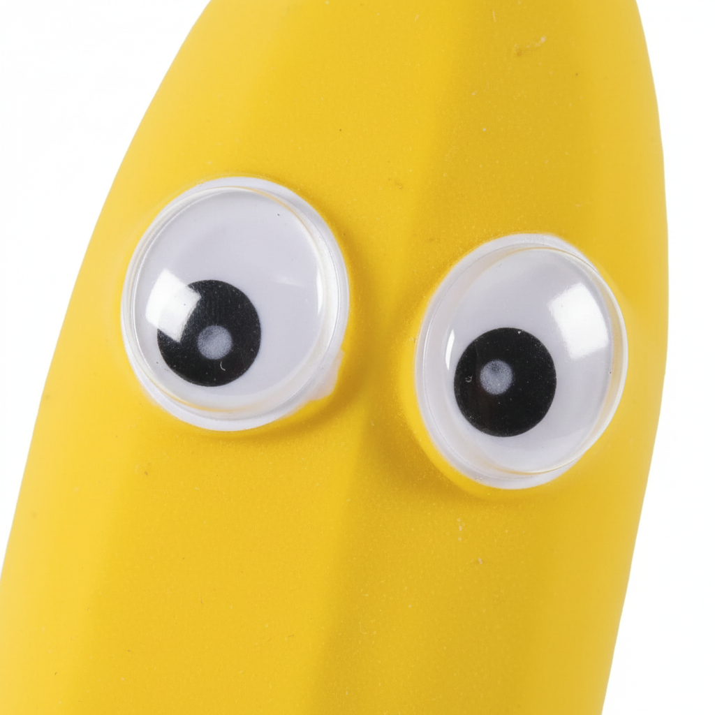 Close-up of googly eyes on Squeeze & Stretch Stress Relief Banana toy