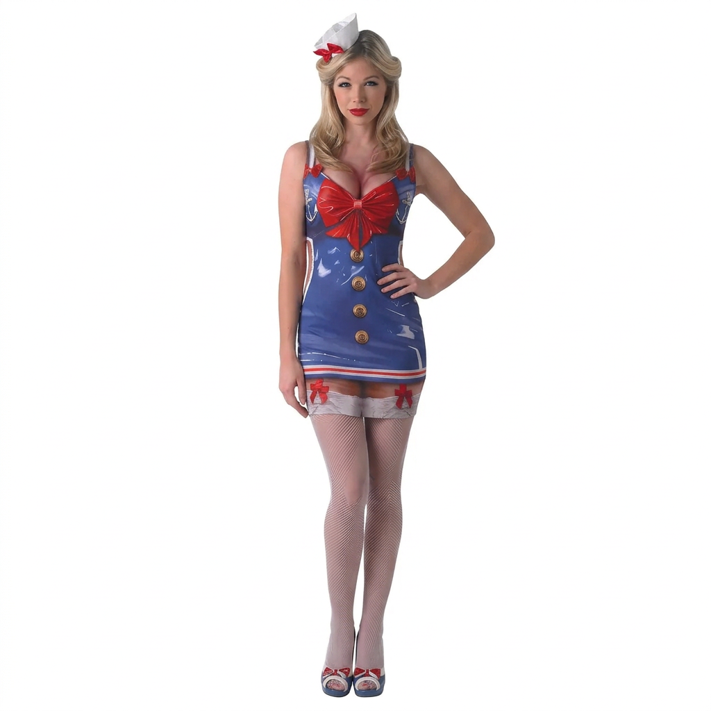 Front view of a woman wearing the blue Rubies sailor costume with red bow and gold-effect buttons on white.