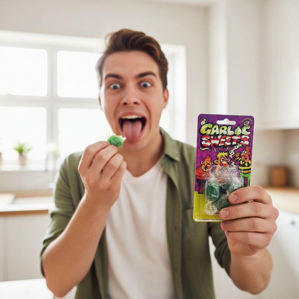 Person reacting with comic disgust after eating garlic sweet holding Funnyman Garlic Sweets packaging in kitchen