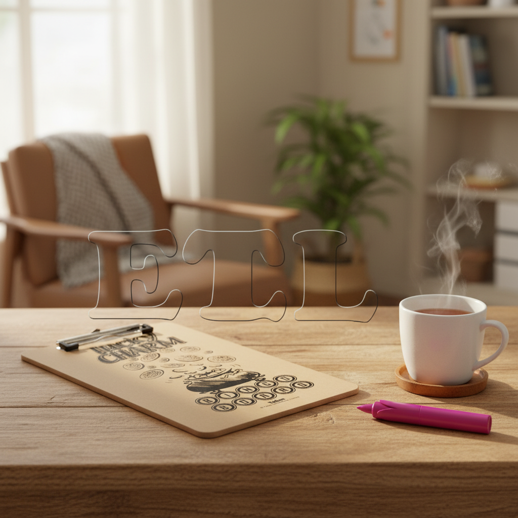 Tallon Lucky Charm Bingo Board on wooden table in cosy setting with bingo dabber and cup of tea