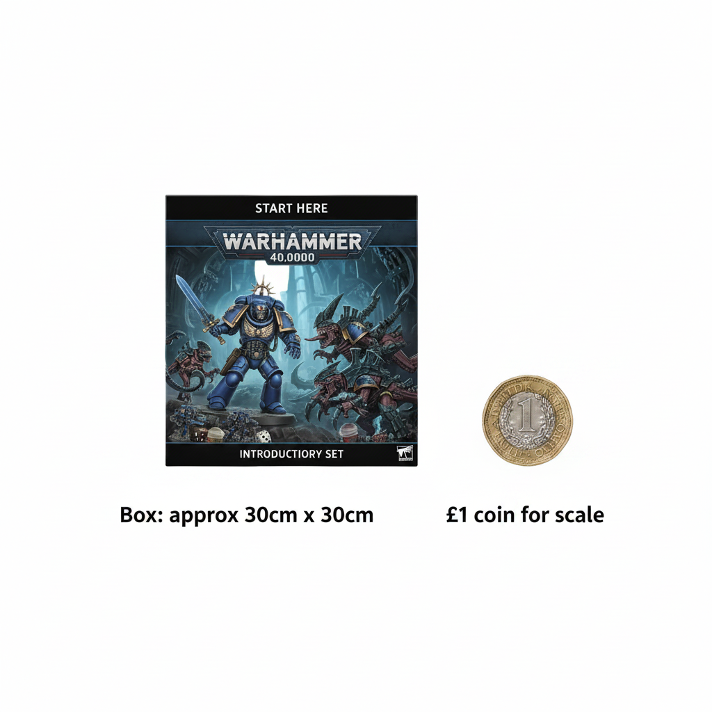 Games Workshop Warhammer 40,000 Introductory Set box placed beside a UK £1 coin on white background to show scale, soft overhead lighting
