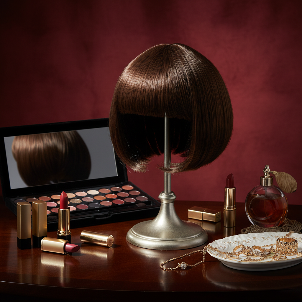 Sleek glossy rich brown bob wig on dressing table with glamorous makeup and jewellery props