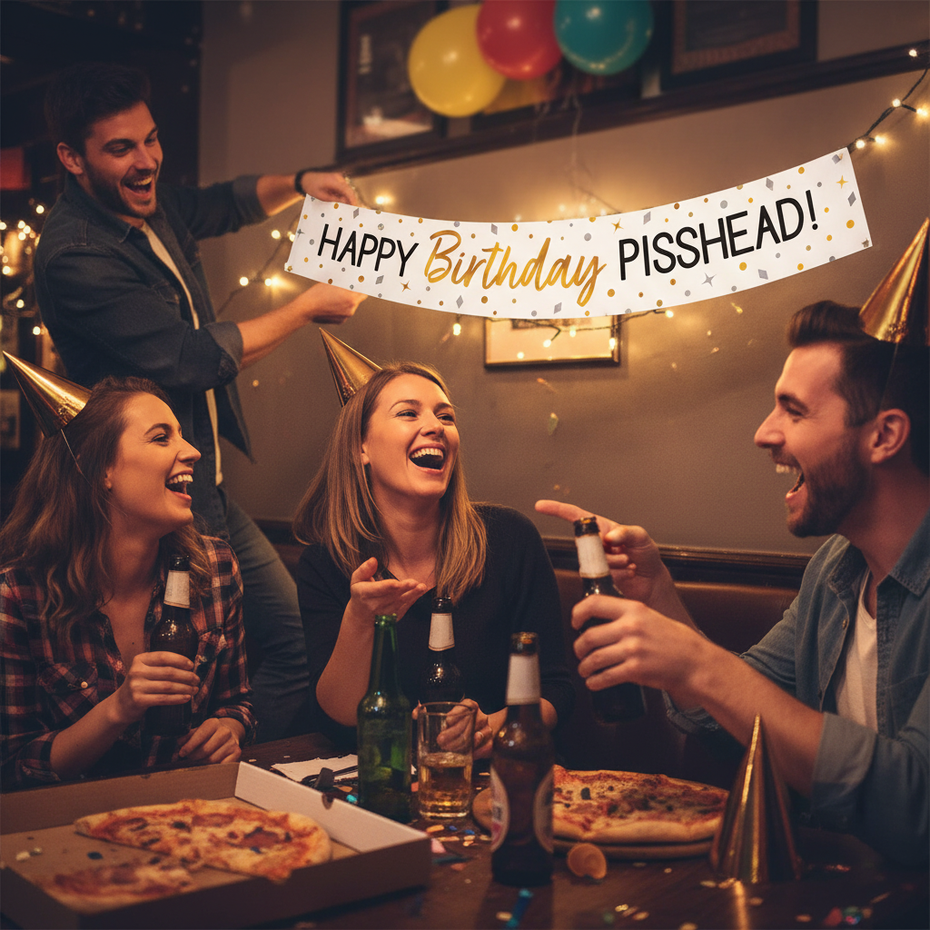 Friends laughing while hanging Happy Birthday Pisshead banner at adult party celebration