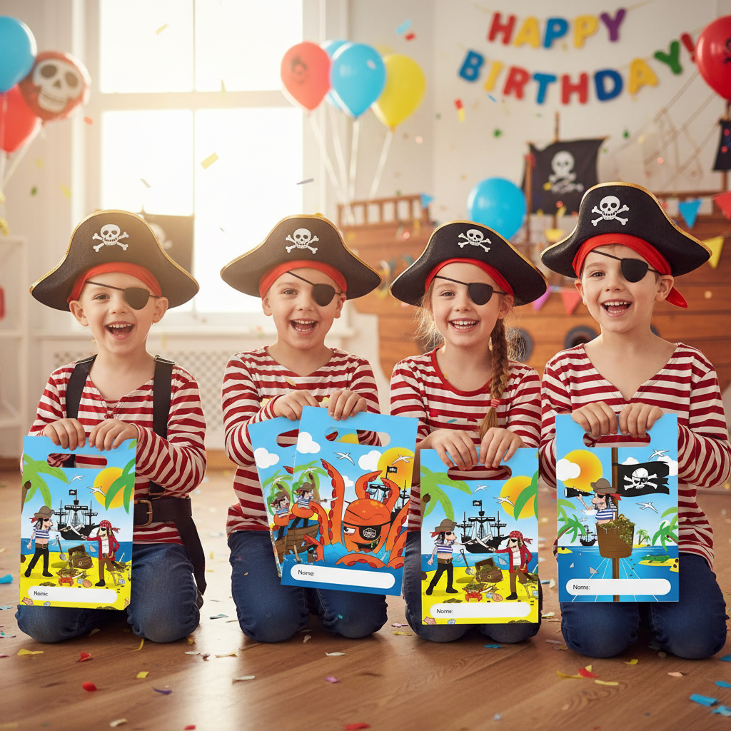 Happy children at pirate birthday party receiving colorful pirate-themed party bags with treats and toys