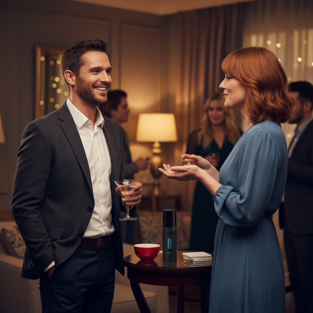 Man receiving compliment at social gathering — Milton Lloyd Bondage Hommes outcome lifestyle shot