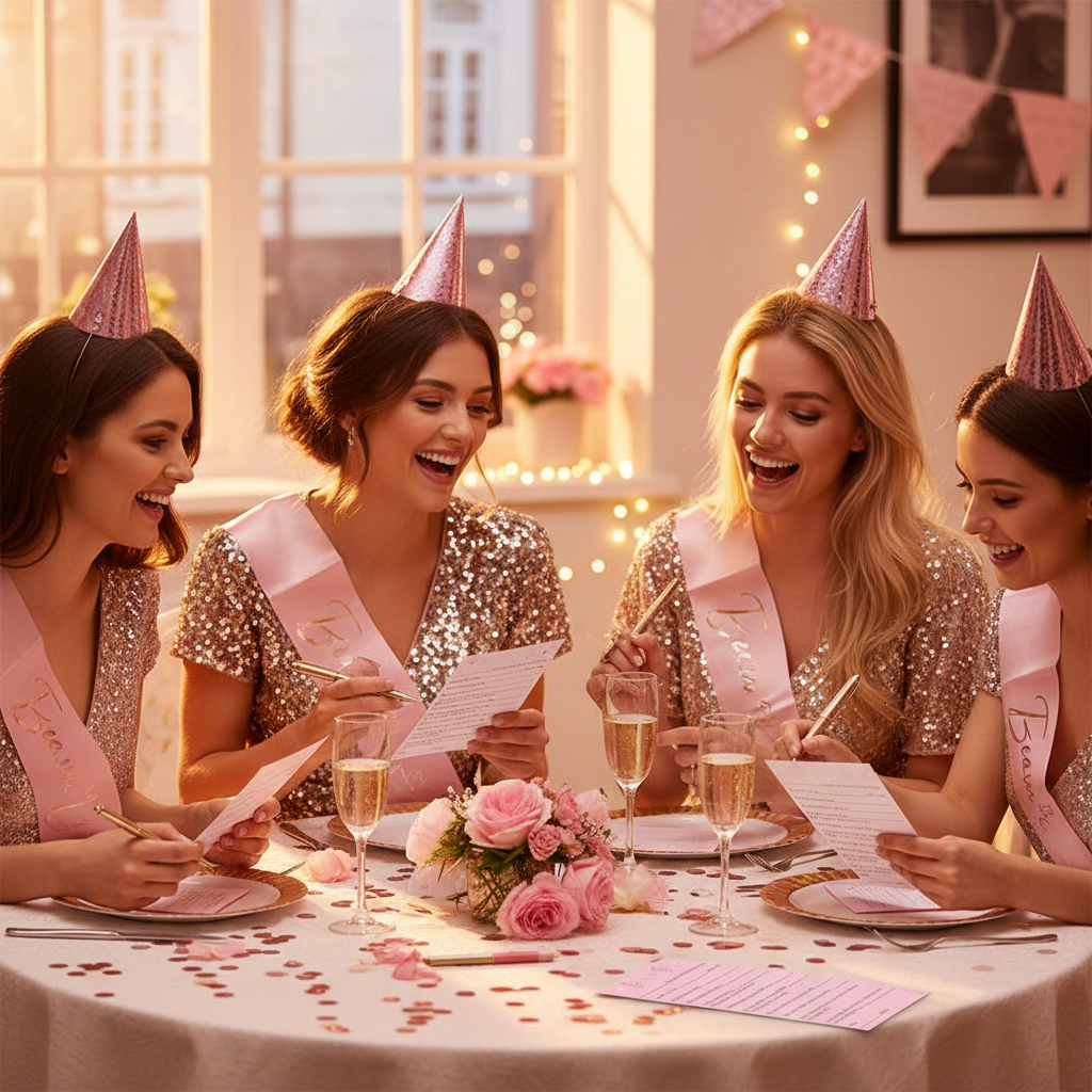 Group of women in Team Bride sashes laughing and filling in hen party advice cards at a decorated celebration table