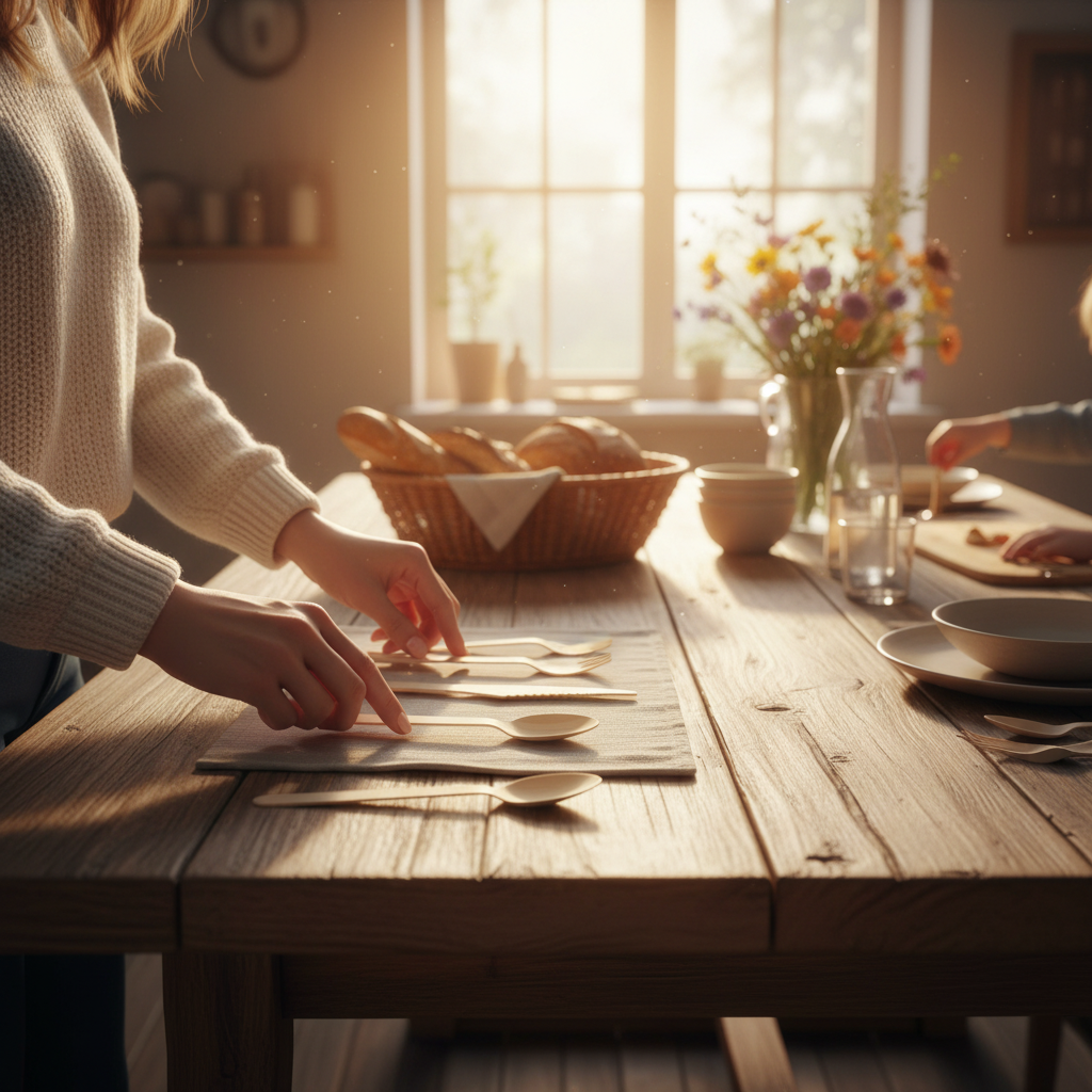 Eco wooden cutlery set laid on rustic dining table for a family meal at golden hour
