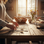 Eco wooden cutlery set laid on rustic dining table for a family meal at golden hour