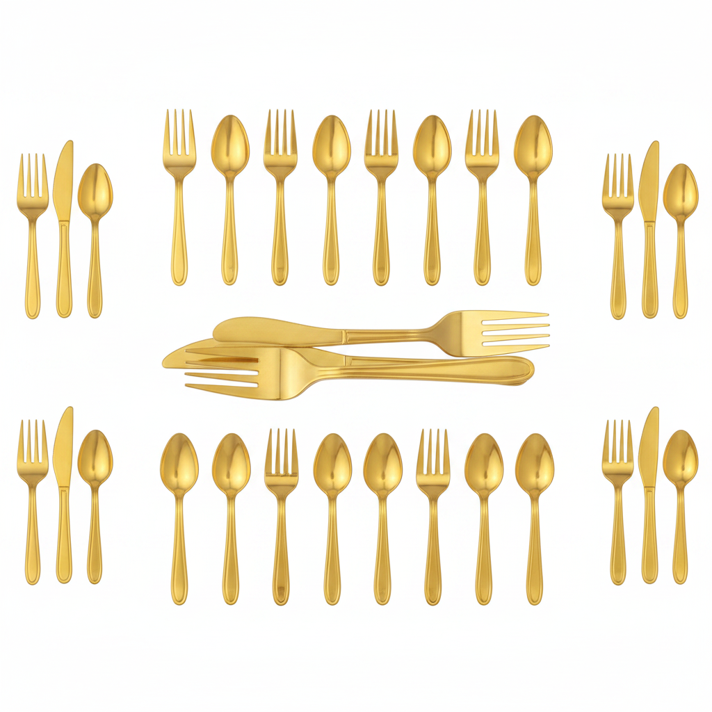 Unique Party gold reusable plastic cutlery 18 piece set including knives forks and spoons on white background