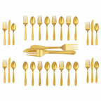 Unique Party gold reusable plastic cutlery 18 piece set including knives forks and spoons on white background