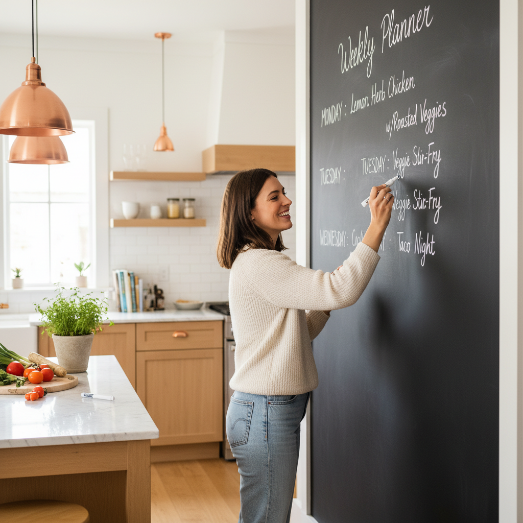 Woman writing a meal plan on a kitchen chalkboard wall using white liquid chalk marker pens