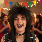 Person wearing black 80s rockstar wig laughing at a costume party