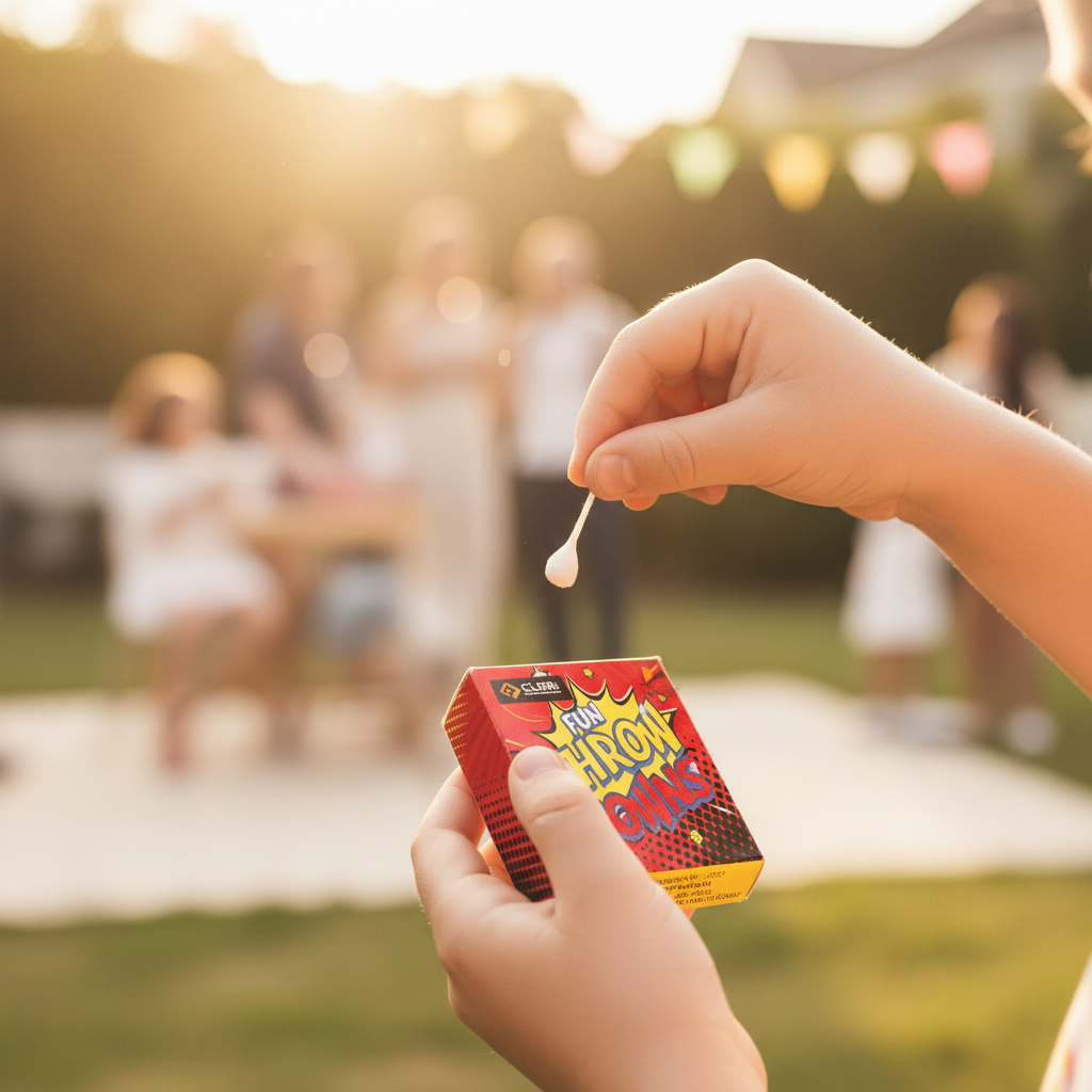Child's hand holding Cube Fun Snaps box and pinching a white paper snap about to throw it, creamy bokeh garden background