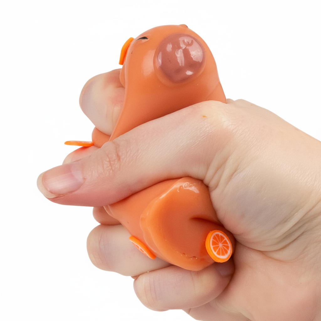 Child's hand squeezing the Scrunchems Sticky Squishy Capybara toy showing its soft stretchy squishy texture