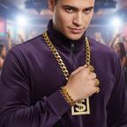 Person wearing chunky gold bracelet as part of a complete hip-hop rapper fancy dress costume