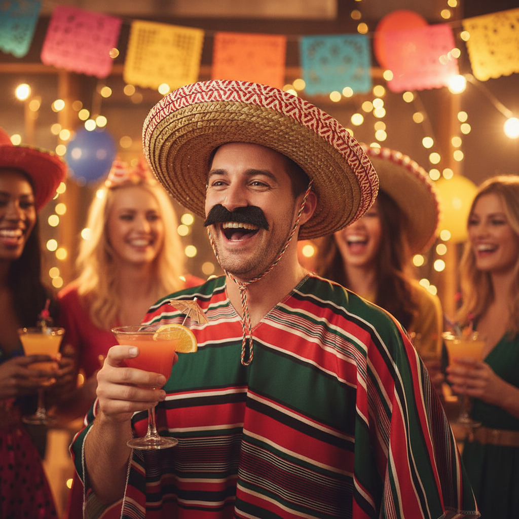 Man wearing Adults Mexican Sombrero Hat with red trim at indoor costume party - Why Not Shop