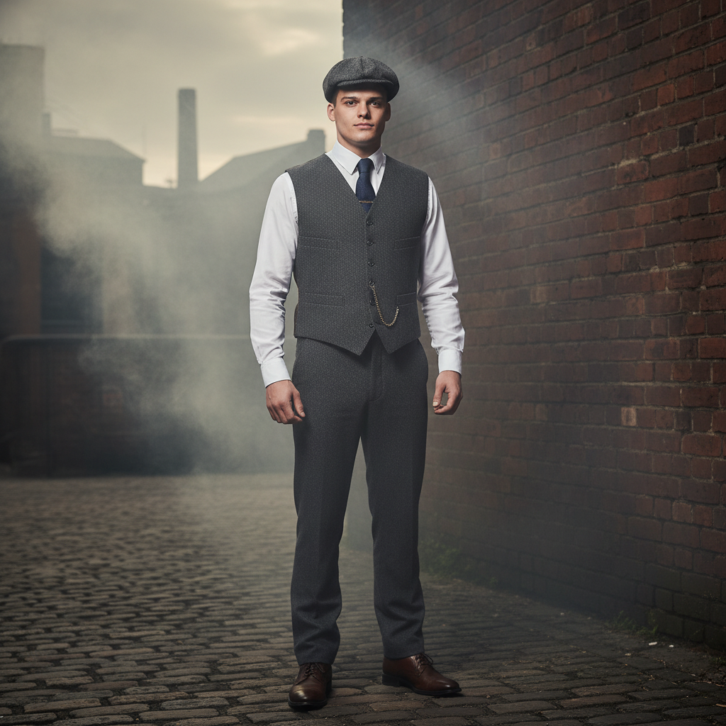 Man wearing grey herringbone flat cap in authentic Peaky Blinders style on cobblestone street