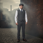 Man wearing grey herringbone flat cap in authentic Peaky Blinders style on cobblestone street
