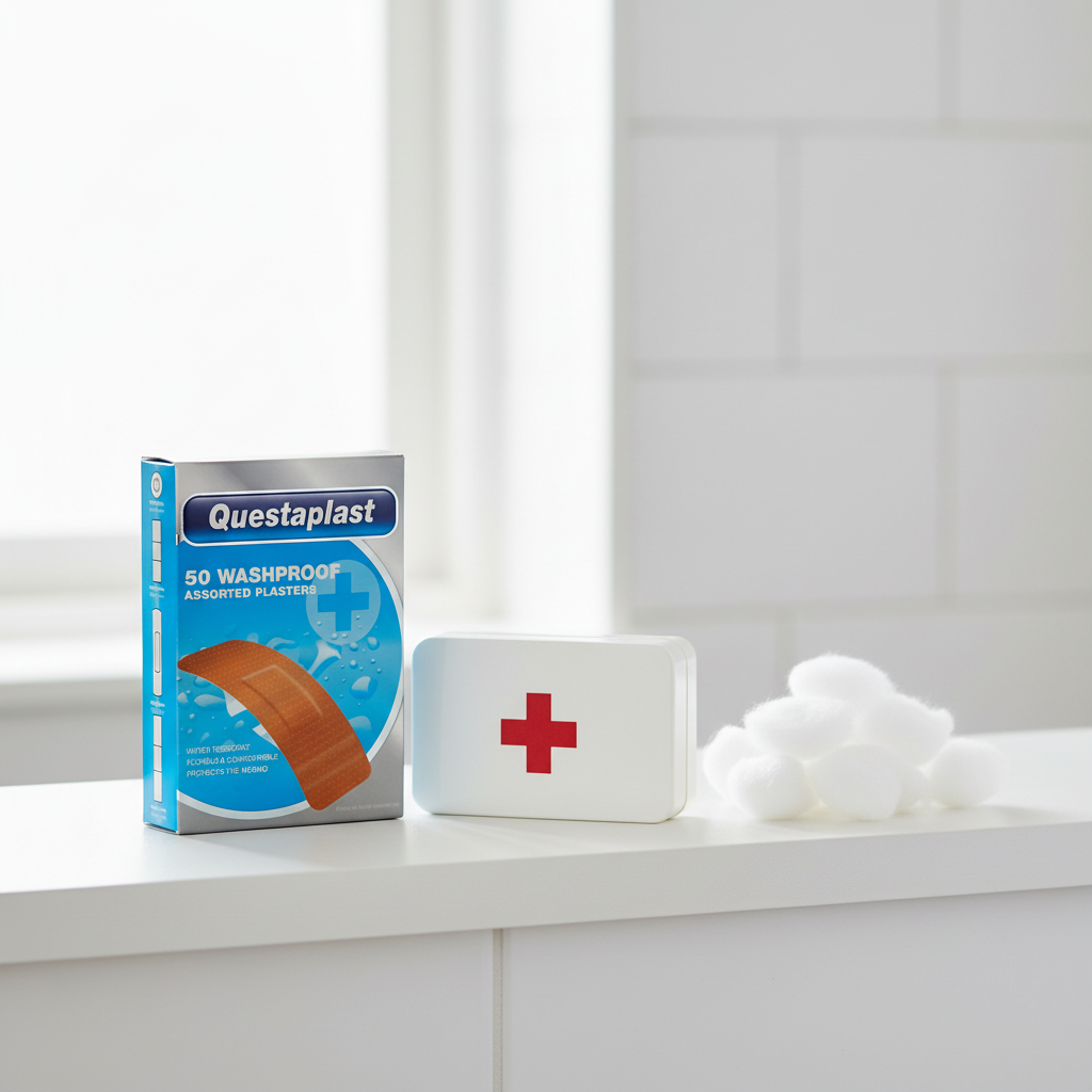Questaplast Washproof Plasters box on a clean white bathroom shelf beside first aid supplies, natural window light
