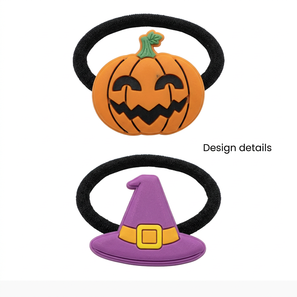 Close-up of orange pumpkin and purple witch hat hair bobble designs