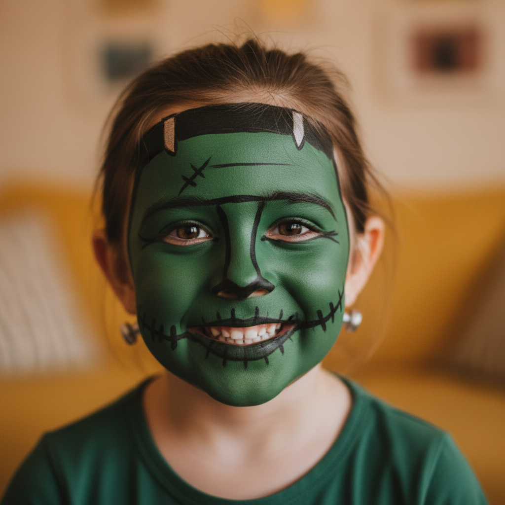 Child with completed dark green Snazaroo Frankenstein face paint design looking proud and delighted, warm lifestyle photography
