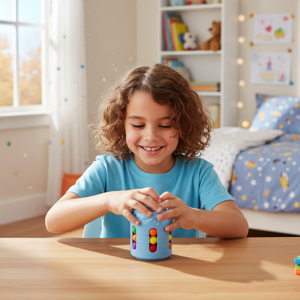 Child playing with Fidget Can Sensory Spinner Cube at desk - lifestyle image