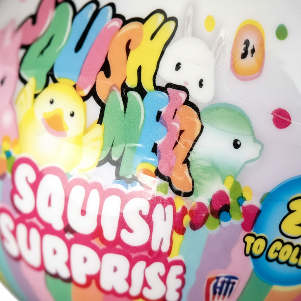 Extreme macro close-up of HTI Squish Surprise Ball surface showing vibrant pastel rainbow print detail and glossy finish
