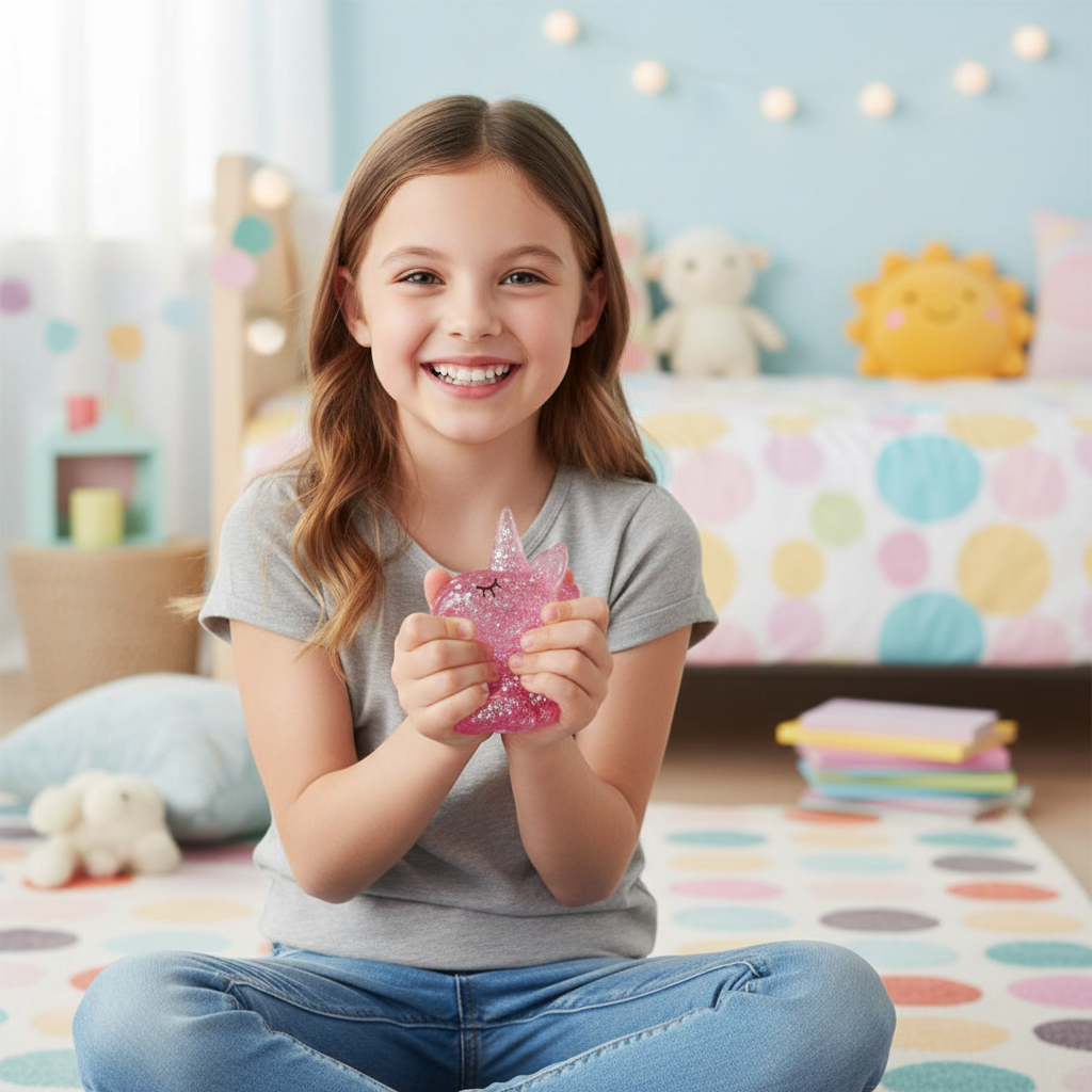 Young girl happily squeezing a glittery unicorn gel toy in her bedroom – fun sensory toy for children