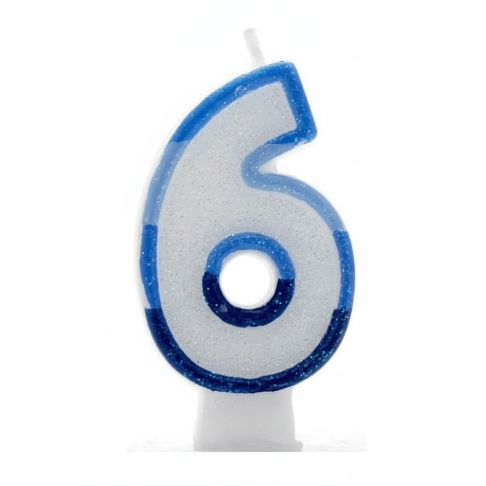 Blue number 6 birthday candle with white glitter body and royal blue glitter border on pure white background - hero product shot