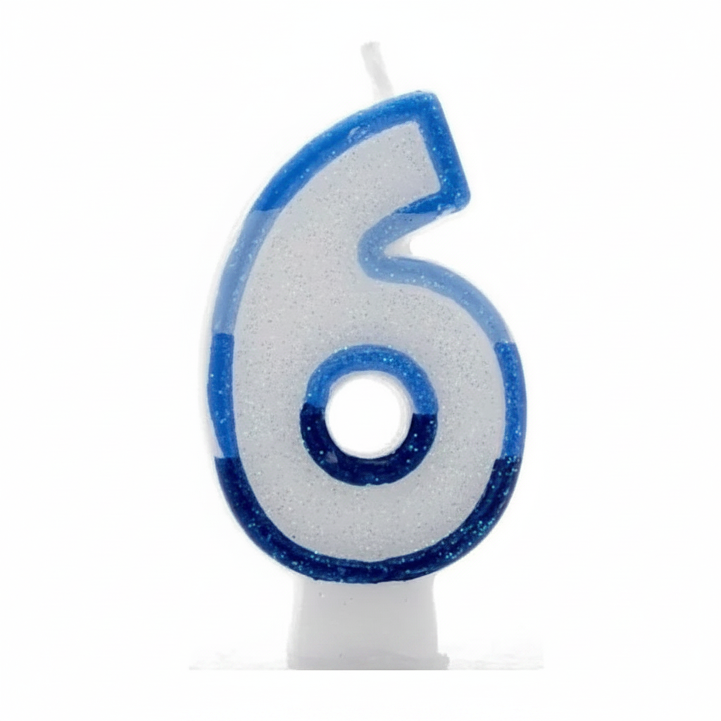 Blue number 6 birthday candle with white glitter body and royal blue glitter border on pure white background - hero product shot