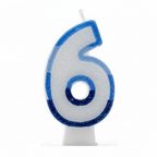 Blue number 6 birthday candle with white glitter body and royal blue glitter border on pure white background - hero product shot