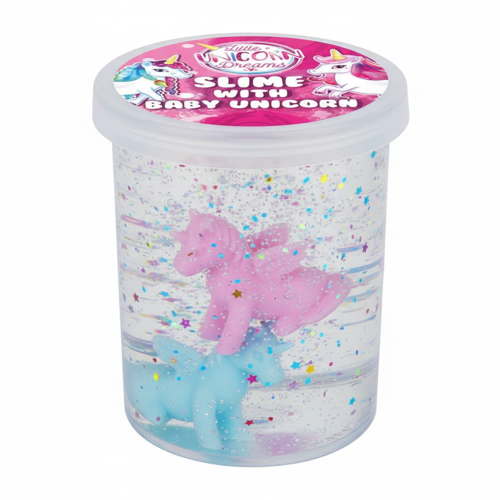 Clear unicorn slime in container with magical embellishments - professional product shot