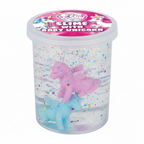 Clear unicorn slime in container with magical embellishments - professional product shot