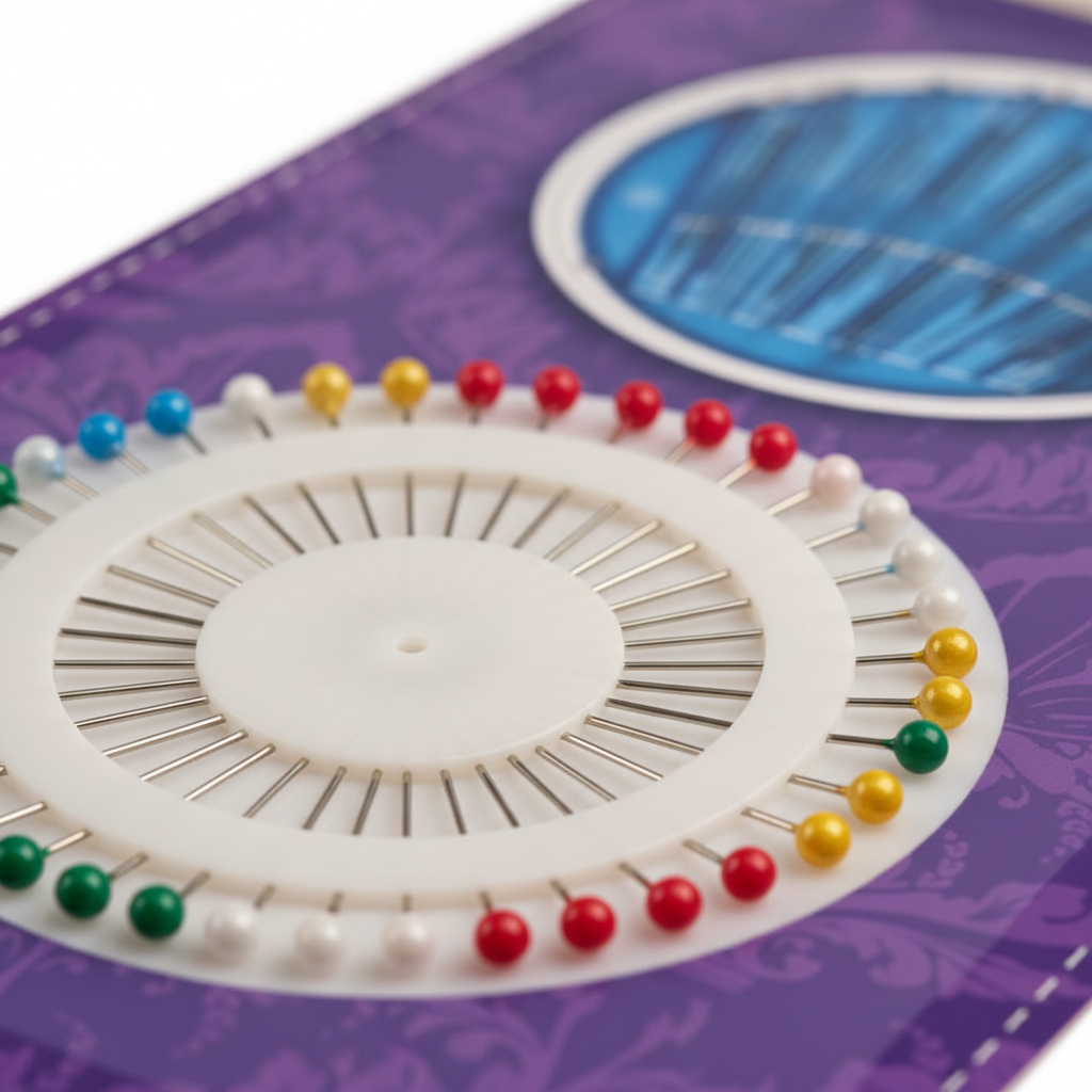 Extreme macro close-up of assorted coloured pin heads in white circular tray showing vivid red, yellow, green and silver needle detail