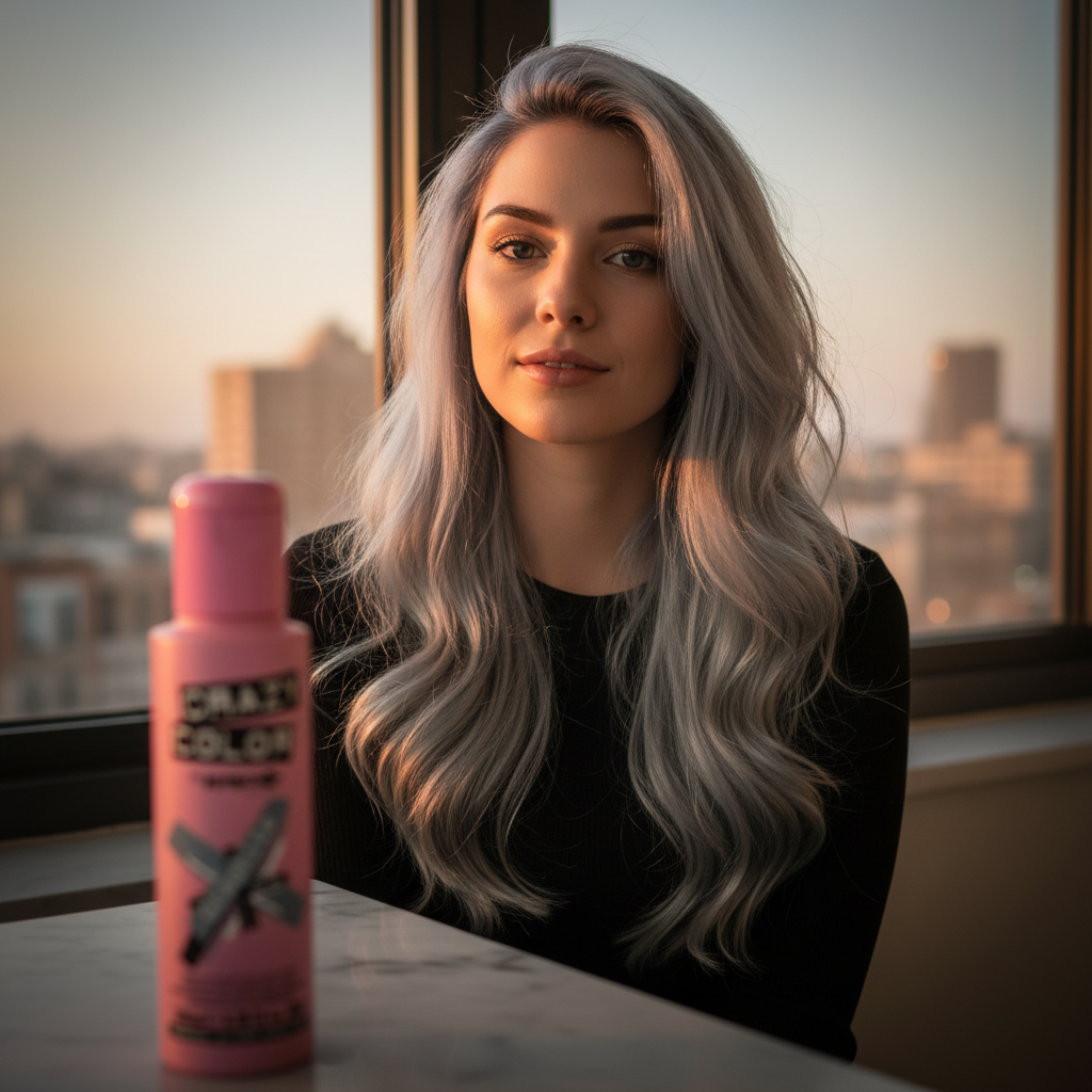 Woman with silver-grey graphite hair in golden hour light with Crazy Color Graphite bottle on vanity