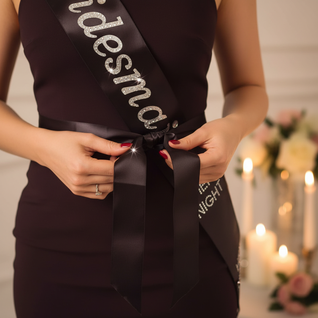 Close up of hands tying black satin diamante bridesmaid sash into bow at waist with wedding candles in background