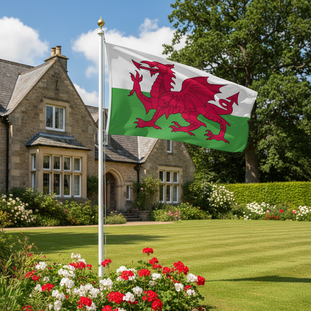 Welsh Dragon flag 3ft x 2ft flying proudly on flagpole in garden setting