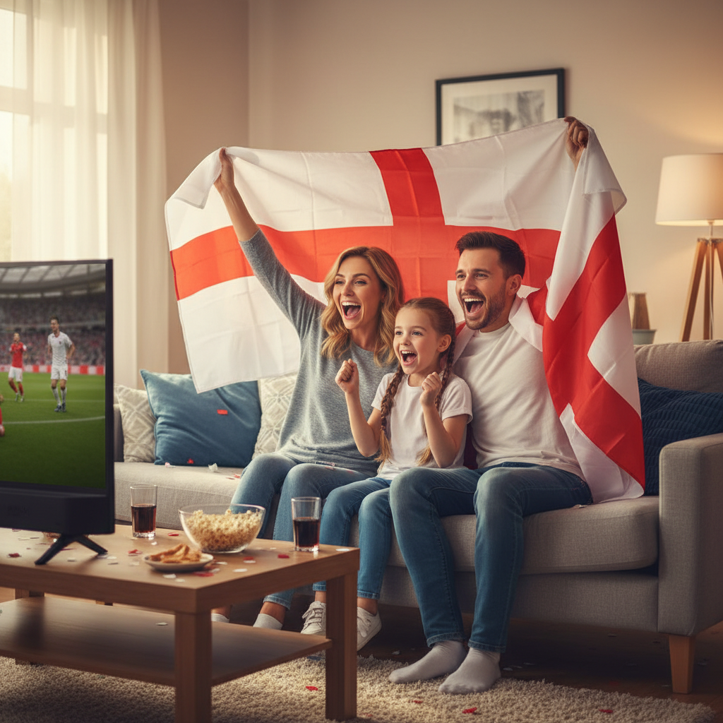 Happy family draped in England St George flags cheering together watching a football match at home